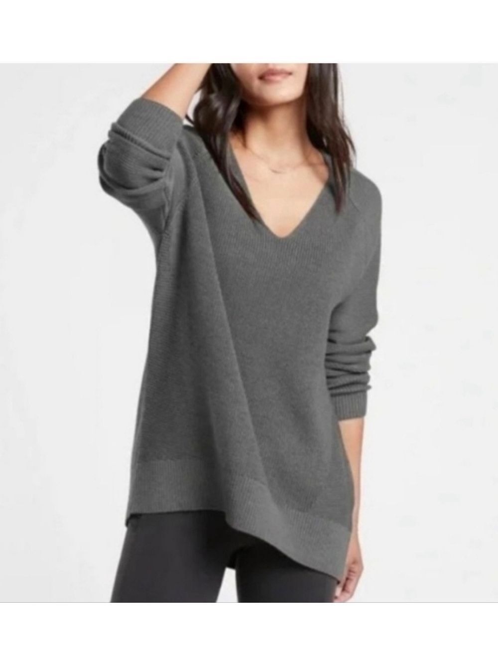 Athleta Gray Mist V Neck Ribbed Wool Blend Sweater XXS
